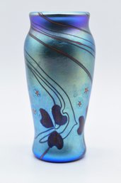 Absolutely Stunning Blue Iridescent With Red Trailing Hearts Art Glass Vase Signed Lundberg Studios 1976