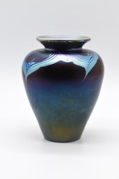 Lundberg Studios 1975 Feathered Iridescent Historical Art Glass Vase