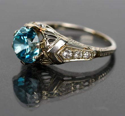 14k Gold Filigree, Natural Blue Zircon Ring (CTF10)