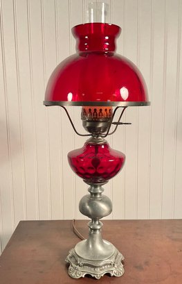 Vintage Ruby Red Glass And Pewter Lamp (CTF20