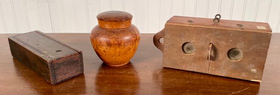 Antique Treenware Tea Canister, Wooden Viewer And Candle Box (CTF10)