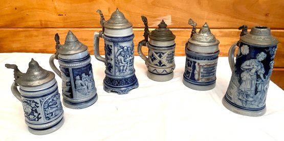 Six Antique Blue Salt Glazed German Steins (CTF20)