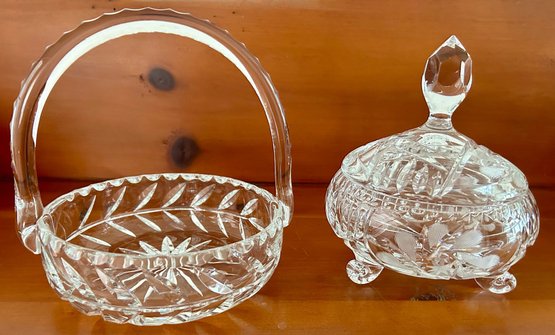 Cut Glass Basket And Candy Dish