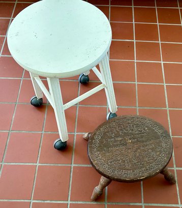 Hand Carved Stool And White Stool On Wheels