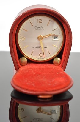 Vintage Cartier Travel Clock In Red Leather Case (CTF10)