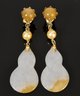 14k Gold Carved White And Brown Jade Drop Earrings (CTF10)