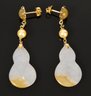 14k Gold Carved White And Brown Jade Drop Earrings (CTF10)