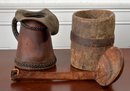 Vintage Leather Tankard With Antique Wood Vessel And Ladle (CTF10)