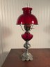 Vintage Ruby Red Glass And Pewter Lamp (CTF20