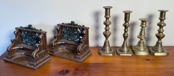 Four Antique Brass Candlesticks & Pair Of Brackets (CTF20)