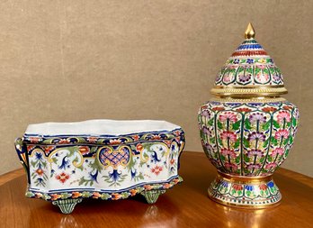 Vintage Polychrome Delft Bulb Planter And Vintage Covered Porcelain Jar (CTF20)
