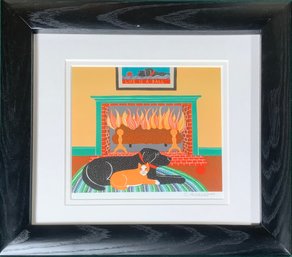 Stephen Huneck Lithograph, Cat And Dog By Fireplace (CTF10)