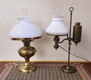 Two Antique Brass Lamps W/white Glass Shades (CTF20)