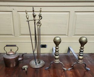 Pr. Antique Brass Andirons, Tools & Copper Tea Kettle (CTF10)