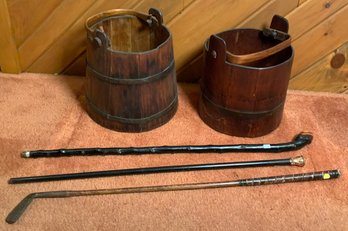 Two 19th C. Wooden Water Buckets With Canes (CTF20)