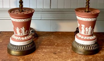 Condition Update: Pr. Wedgwood Crimson Table Lamps With Shades (CTF20)