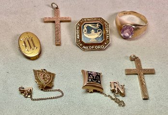Vintage 10k Gold Pins, Ring, And Crosses (CTF10)