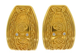 18k Gold And Diamond Etruscan Style Earrings (CTF10)