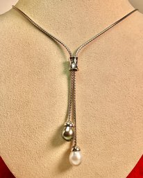 14k White Gold Pearl And Diamond Lariat Necklace (CTF10)