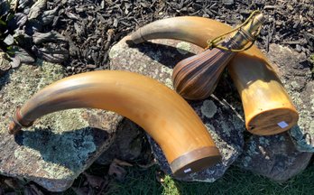 Two Large Antique Powder Horns And Copper Shot Flask (CTF20)