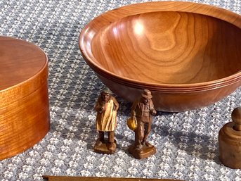 Stanley Dole Hand Carved Wooden Bowl, Miniature Wood Figures, Shaker Style Box, 7pcs. (CTF10)