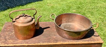 Antique Copper Tea Kettle And Double Handled Pan (CTF10)