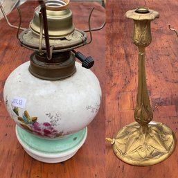 Vintage Bronze Art Nouveau Candlestick Lamp & Vintage Pottery Lamp (CTF10)