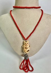 Coral & Carved Bone Necklace, Cat (CTF10)
