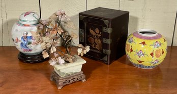 Vintage  Asian Items, Hardstone Tree, Two Ginger Jars And Jewelry Cabinet, 4pcs (CTF20)