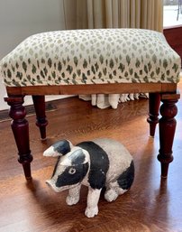 Antique Walnut Bench With Carved Wooden Pig (CTF10)