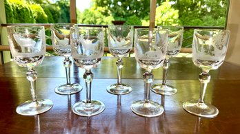 Antique Etched 'Hunters' Wine Glasses, 7pcs. (CTF10)