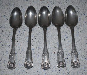 Antique Set Of 5 Pewter Serving Spoons, Kings Pattern (CTF10)