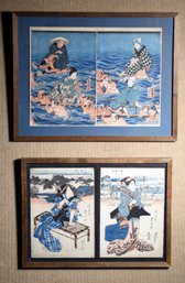 Two Framed Antique Japanese Woodcut Diptychs (CTF20)