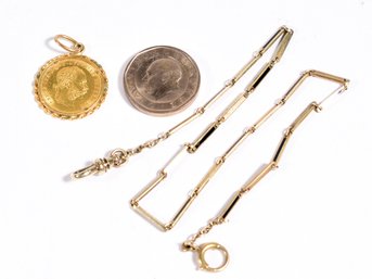 Antique Watch Chain W/ Black Enamel & 1915 Franc IOS.i.d.g.avstriae Gold Coin Pendant (CTF10)