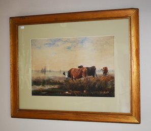 Antique Wilbur H. Lansel Watercolor, Landscape With Cows (CTF20)