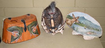 Decorated Fishing Creel, Tortoise Shell Mask And Decorated Fungi , 3 Pcs (CTF20)