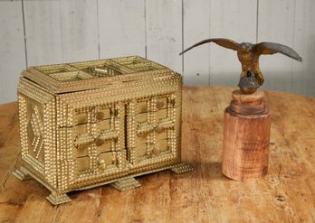 Vintage Tramp Art Jewelry Box And A Brass Eagle Ornament (CTF20)