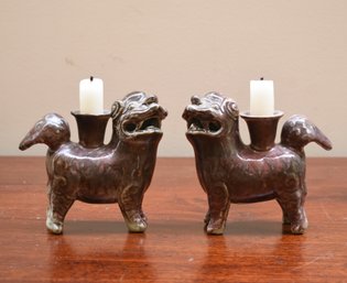 Pr. Antique Chinese Foo Lion Candle Holders (CTF10)