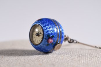 Antique Bucherer Swiss Guilloche Blue Enamel W/ Roses Ball Pendant Watch (CTF10)