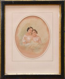 19th C. Amelie Van Assche Watercolor, Portrait Of Two Sisters (CTF10)