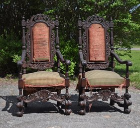 Pr. Antique Carved Oak Jacobean Style Arm Chairs (CTF40)