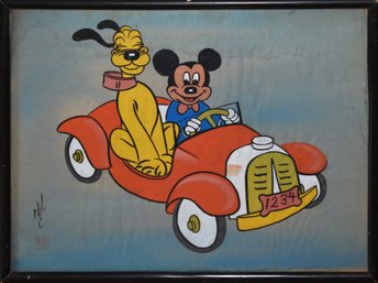 Vintage Japanese Gouache On Silk, Mickey And Pluto (CTF10)
