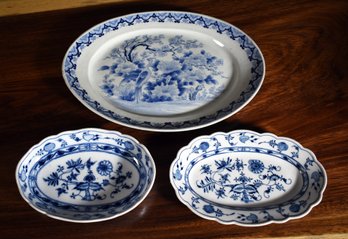 Two Vintage Meissen Onion Pattern Platters &  Asian Tray (CTF20)