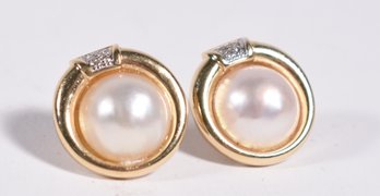14k Gold Mabe Pearl And Diamond Post Earrings (CTF10)