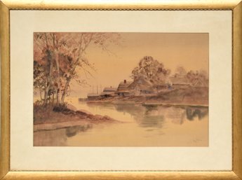 Louis K. Harlow Watercolor, Village By River (CTF20)