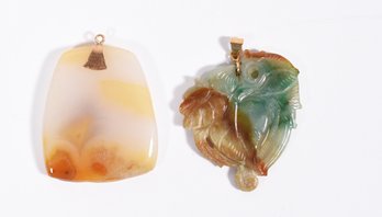 Carved Chinese Green/Brown Jade Bird Pendant & Yellowish Agate Slice Pendant (CTF10)