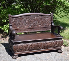 Antique Heavily Carved Oak Bench (CTF40)