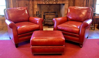 Pr. Whittemore-sherrill Red Leather Club Chairs & Ottoman (CTF60)