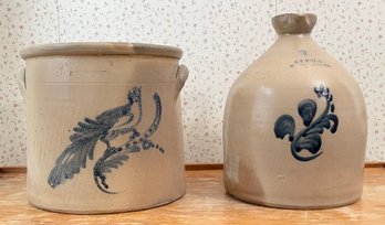 Two Antique Cobalt Decorated Stoneware Crocks (CTF20)