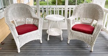 Two Vintage White Wicker Armchairs With Table (CTF30)